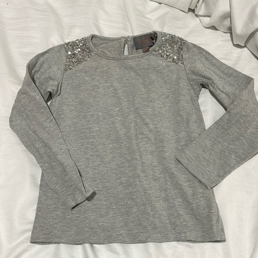 Creamie 5 long sleeve grey t silver sequined shoulders cotton spandex euc